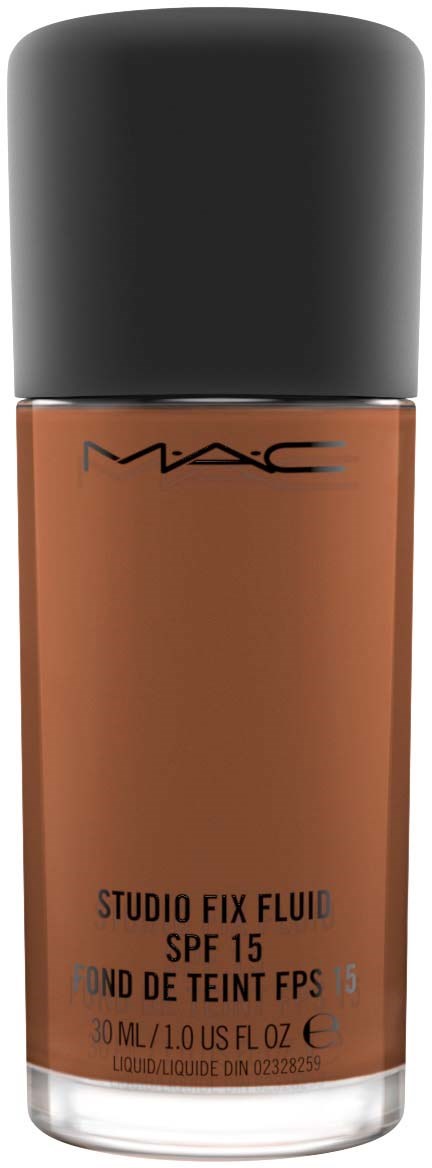 En flaska MAC Studio Fix Fluid foundation med SPF 15, i brun nyans och svart lock.