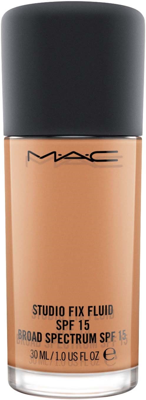 En flaska MAC Studio Fix Fluid foundation, med SPF 15, i en ljus beige färg, märkt med märke och detaljer.