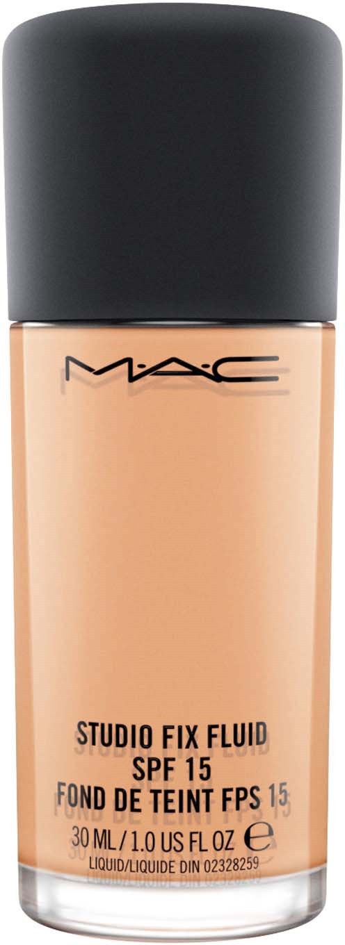 En flaska foundation med svart lock, MAC-logo och etikett som visar att det är studio fix fluid med SPF 15.