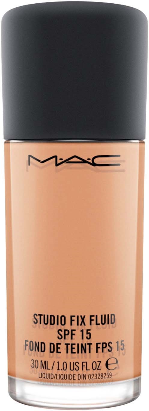 En beige flytande foundationflaska med svart lock, märkt MAC Studio Fix Fluid SPF 15, 30ml.