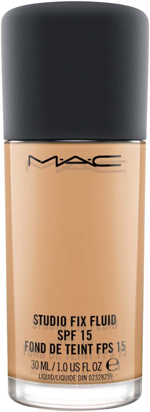 En flaska MAC Studio Fix Fluid foundation med SPF 15, 30 ml, svart lock, beige vätska inuti.