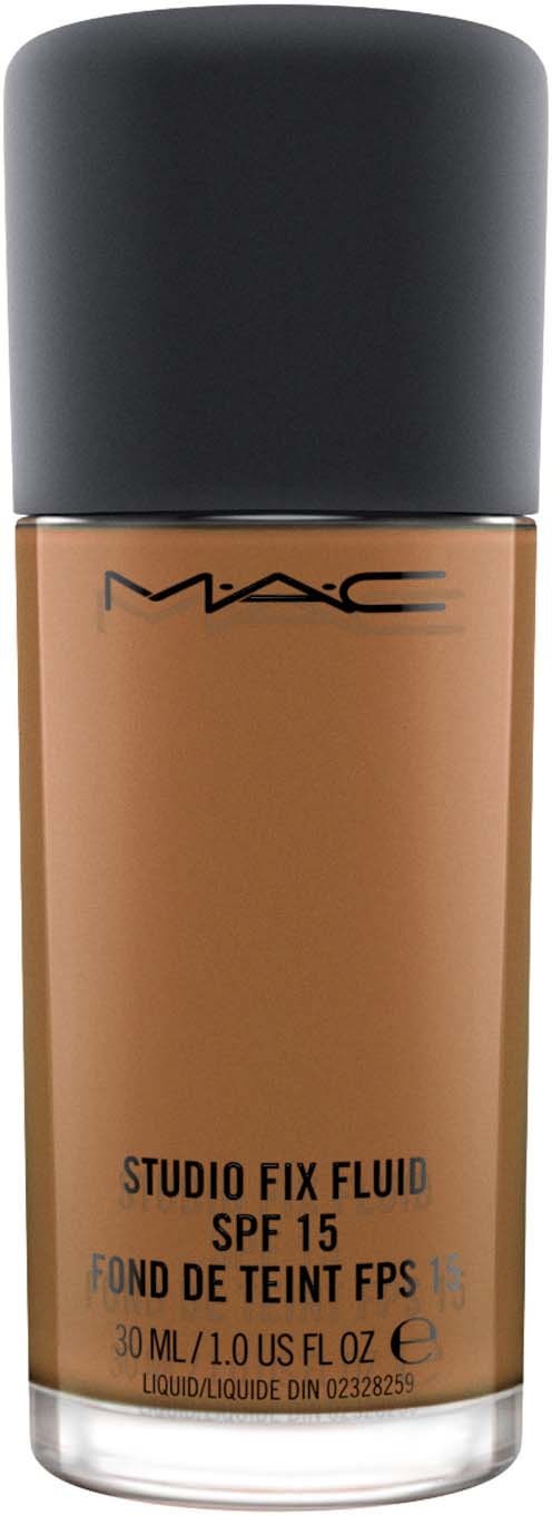 En flaska MAC Studio Fix Fluid foundation med SPF 15, 30 ml, brunt färg, svart lock.