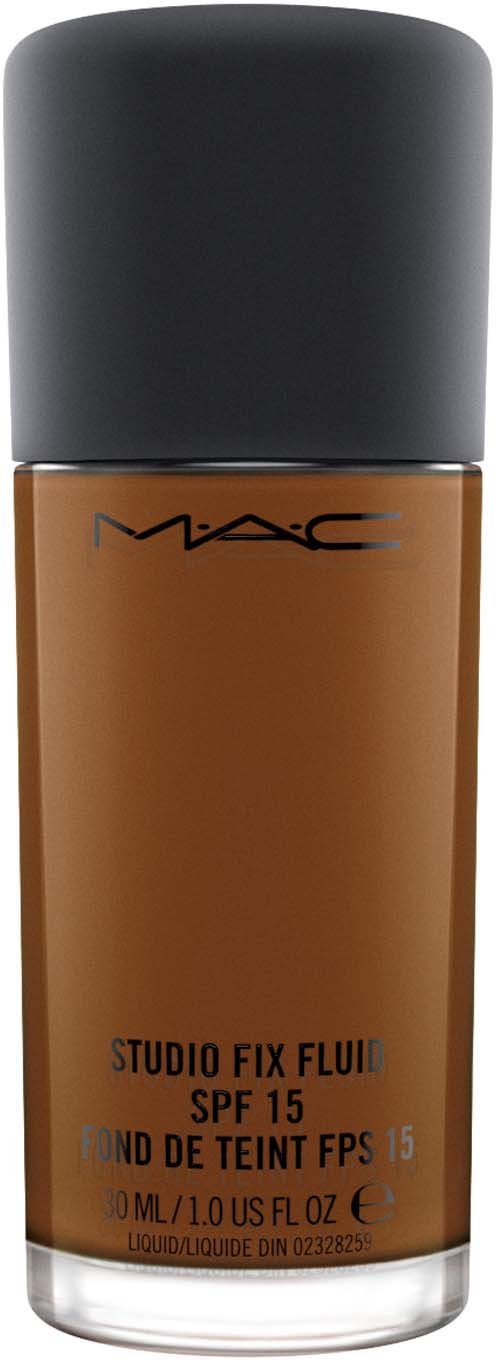 En flaska med MAC Studio Fix Fluid SPF 15 foundation med svart lock och brunt innehåll.