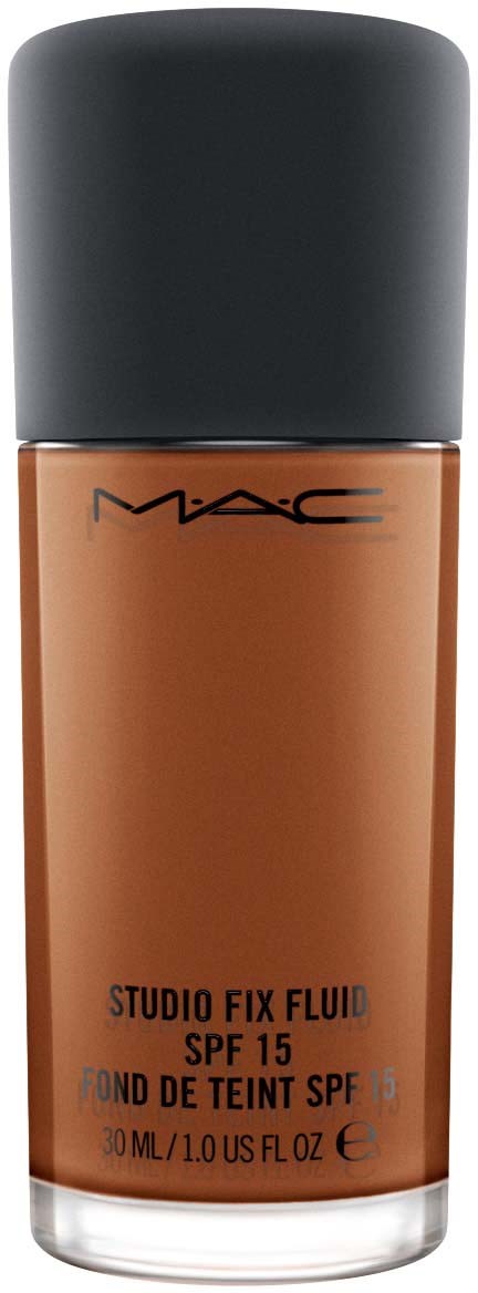 En flaska MAC Studio Fix Fluid med SPF 15 i en brunt nyans, har ett svart lock.