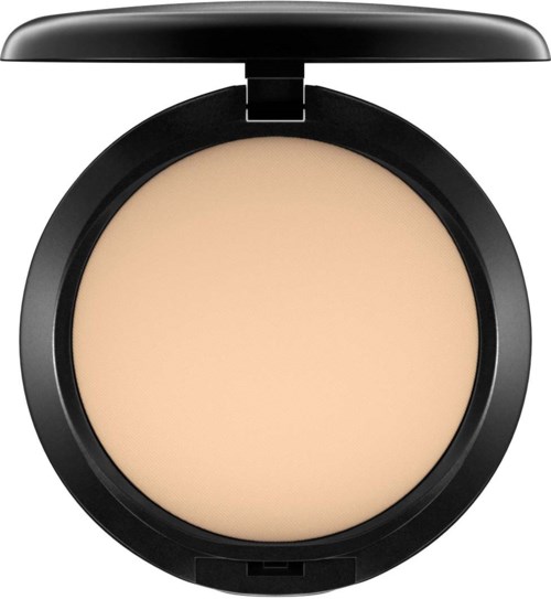 En liten sminksask med beige pudert och svart lock som är öppet.