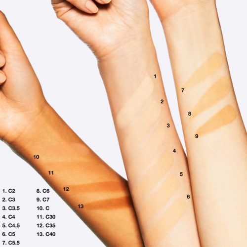 Flera armar visar olika nyanser av foundations, märkta från ljusa till mörka. Varje arm har flera numrerade swatches.