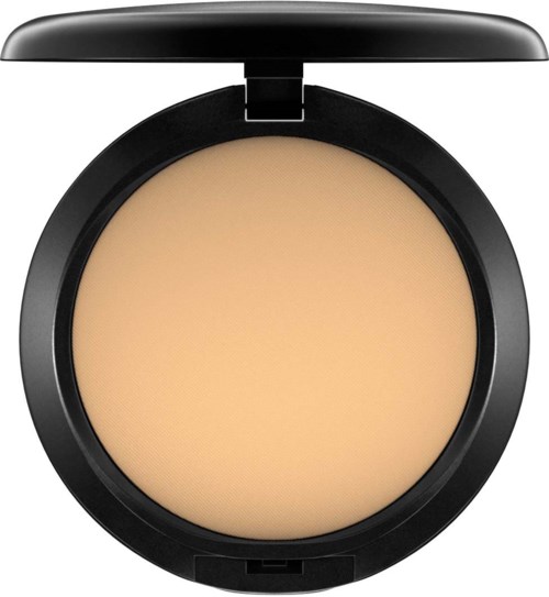 En liten förpackning med beige puder inuti och ett lock. Enkel rund form, används för makeup.
