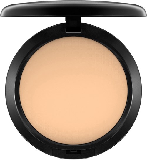 En liten dosa med beige pulver, troligen puder eller foundation.