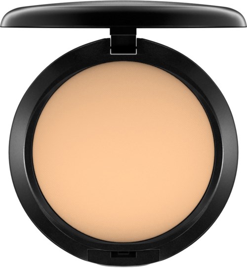 En liten dosa med beige puder, öppnad lock visar makeuppärmen.