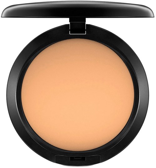 Ett kompakt med beige pressad puder och svart rundaskål med lock. Inga appliceringsverktyg synliga.