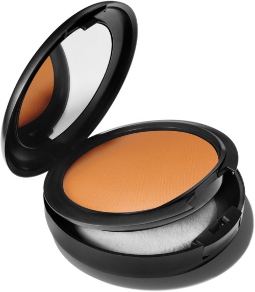 En liten, rund produkt med spegel, orange puder och en svampapplikator.