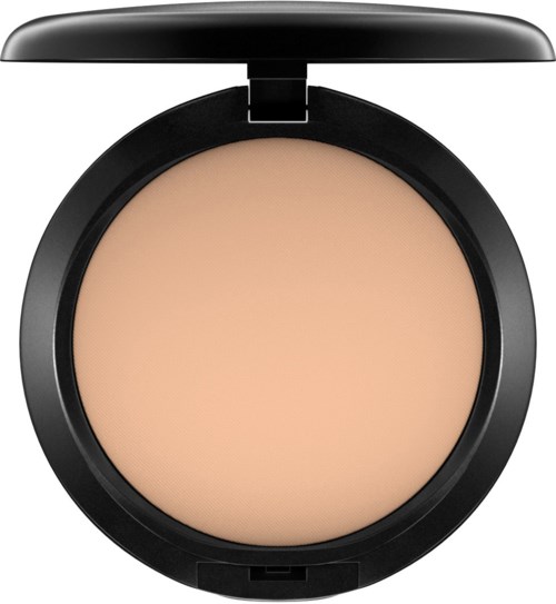 Pyöreä kompakti, sisältä beige kasvopuuteri, musta ulkokuori ja kääntyvä kansi.