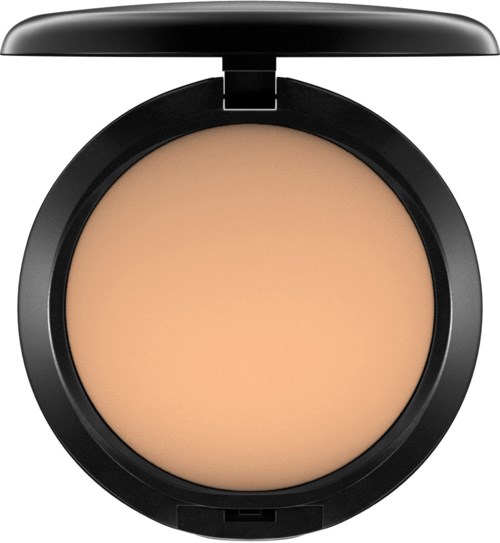 Ett kompakt runt sminkfodral öppet för att visa beige puder inuti.