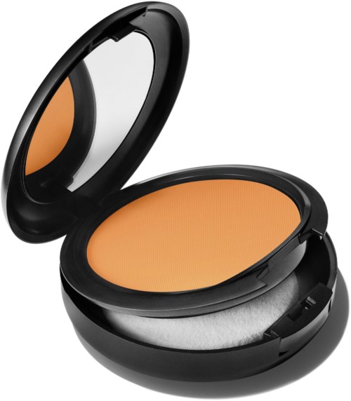 En rund svart makeup-kompakt med orange puder och en spegel inuti locket.