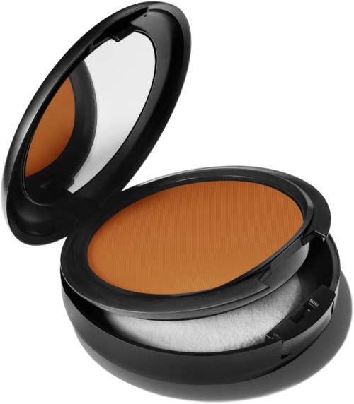 Ett litet sminkfodral med orange puder och en spegel inuti locket.