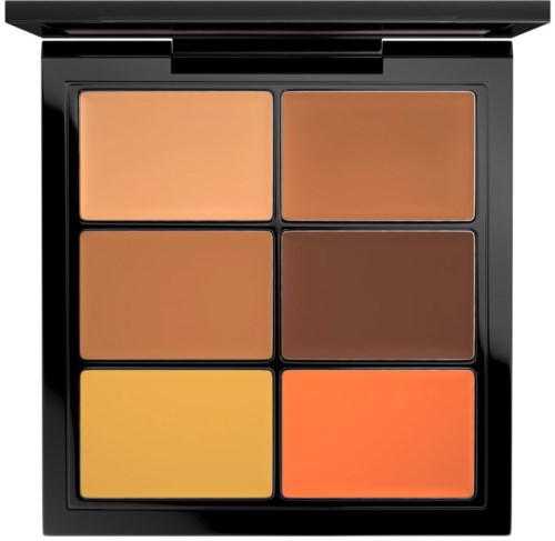 Six warm-toned makeup blushes arranged in a black case, ranging from light beige to vibrant orange.
