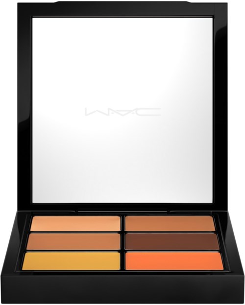 A makeup palette with six shades ranging from beige to orange, with a mirror inside the lid.