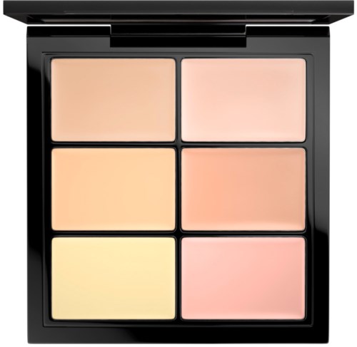 A black makeup compact with six cream blush shades in a 2x3 grid.