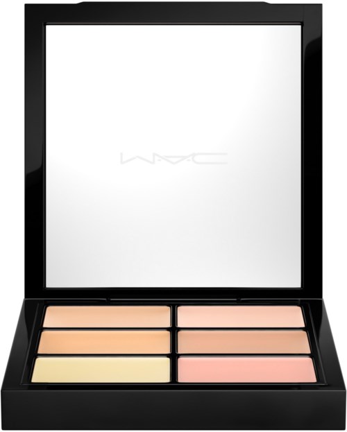 An open makeup palette with six different shades of blush and highlighter inside a black case.