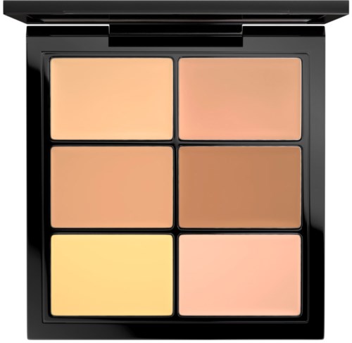 A compact makeup palette with six shades ranging from light to dark, including yellow, pink, beige, and brown.