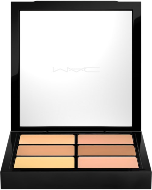 A makeup palette with six shades, black case, and mirror inside the lid.
