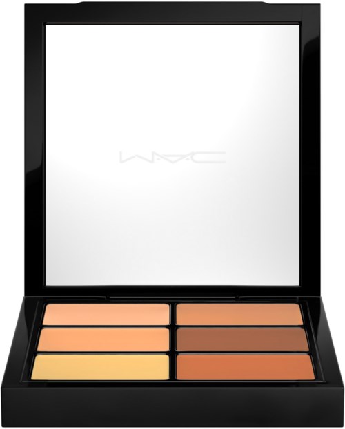 En makeup-palett med flera nyanser av foundation eller concealer, ordnade i två rader i ett svart fodral.