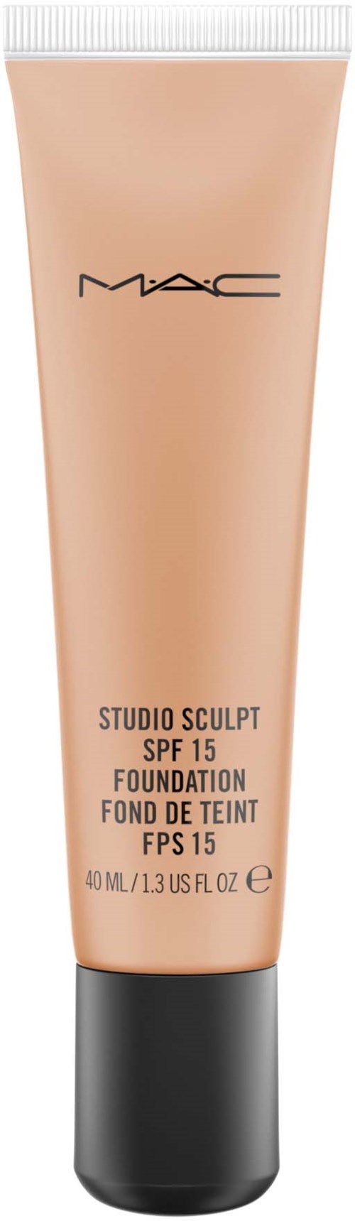 MAC Studio Sculpt foundation, SPF 15, 40ml, i ett beige rör med svart lock.