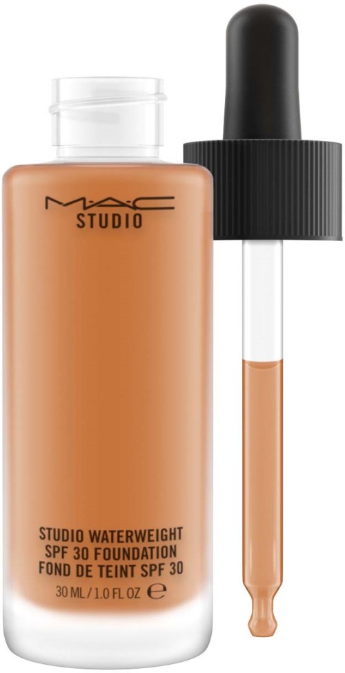 MAC Studio Waterweight SPF 30 -säätiöpurkki ja tiputtimella varustettu pieni pullo.