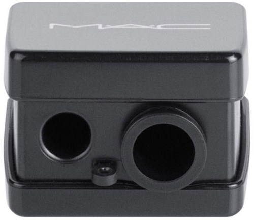 A black and gray makeup compact with a mirror, containing a small round section and an open larger section.
