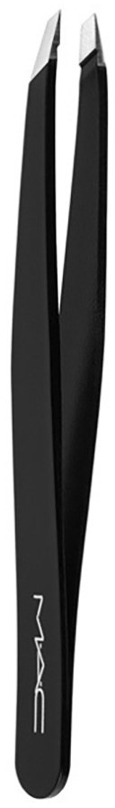 Tweezers with black handles and silver tips, featuring the MAC logo on one handle.