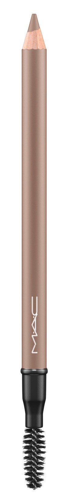 A beige eyebrow pencil with a pencil tip at the top and a twist-up spoolie at the bottom.