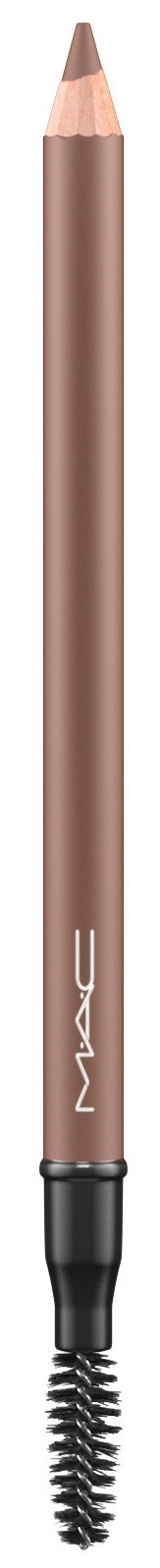 A makeup brow pencil with a built-in spoolie brush. The pencil is beige with a black base. Brand name MAC is visible.