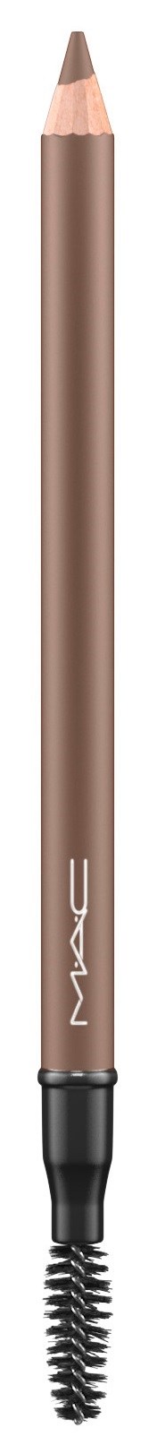 A brown eyebrow pencil with a sharpened tip and a spoolie brush at the bottom.