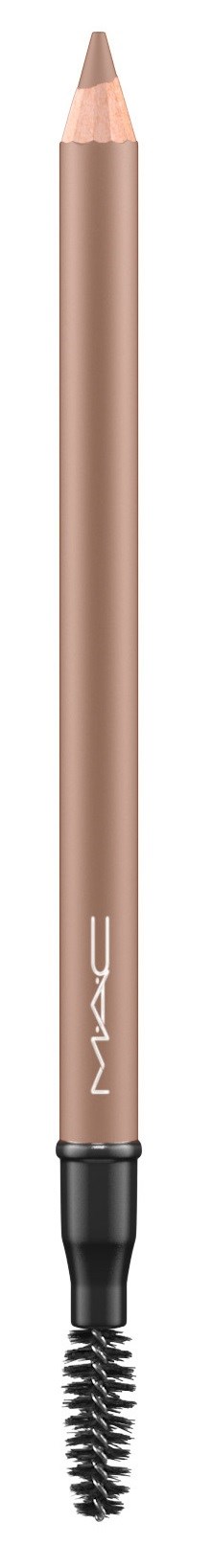 En beige ögonbrynspenna med en spoolie-borste i ena änden och en vässad spets i den andra.