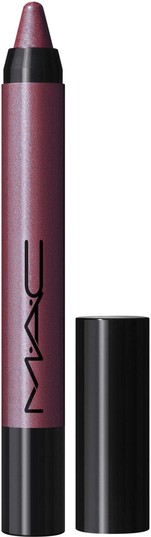 Ein pinkfarbener Lippenstift mit schwarzer und silberner Verpackung und einem Deckel. Die Marke ist MAC.
