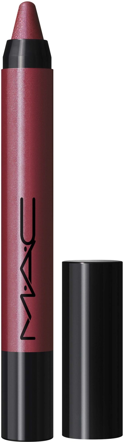 A pink lipstick pencil with black accents and MAC branding, standing upright with its cap removed.
