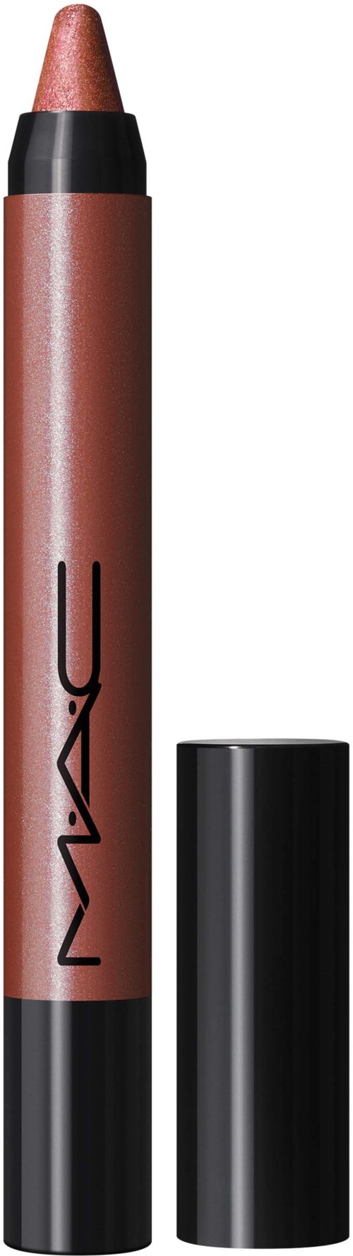 A makeup pencil, with the cap removed, shows a shimmery nude color. The brand name MAC is on the side.