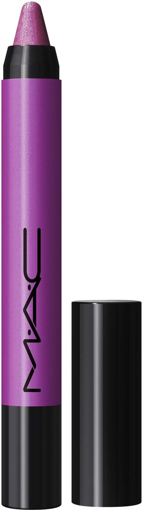A purple lip pencil with a black cap next to a black cap. The brand name MAC is written on the pencil.