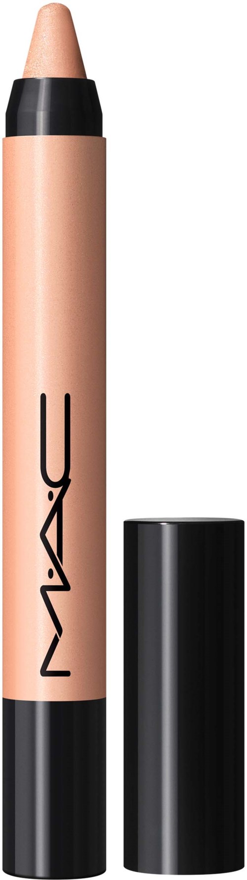 Ein beiges Lip Pencil mit schwarzem Deckel und MAC-Logo, getrennt vom Deckel.