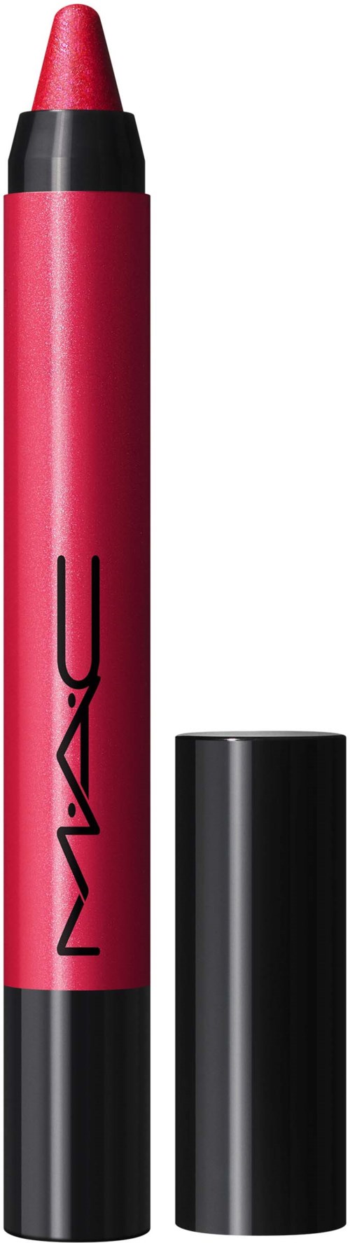 A pink lipstick with a black cap, branded MAC, shown with the lid removed. The lipstick is twisted up.