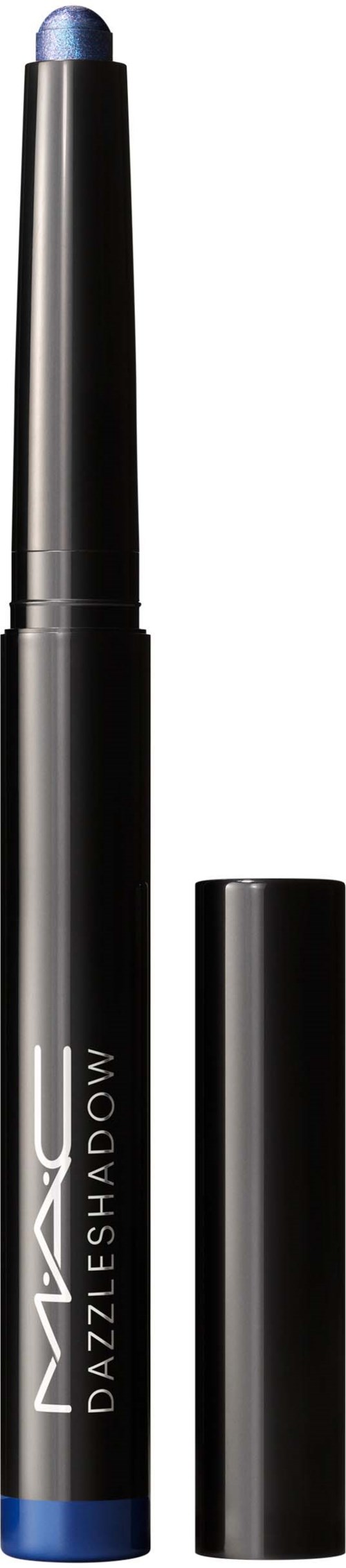 A black makeup pencil with a blue tip, labeled MAC DazzleShadow, is shown with the cap removed.