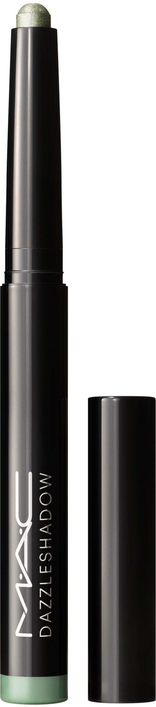 Een zwart en groen make-upstift met deksel, gelabeld MAC Dazzle Shadow, op een zwarte achtergrond.