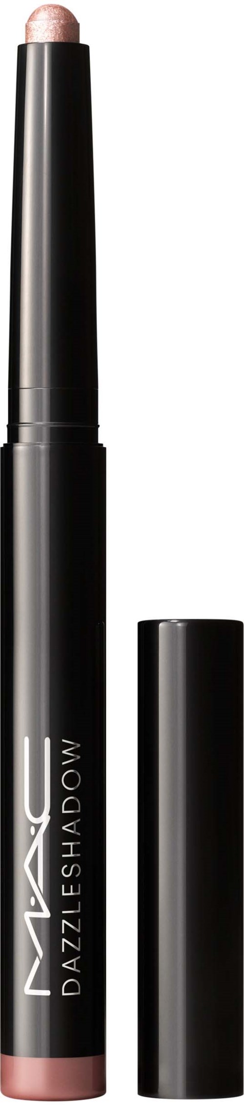 Musta meikkitanko merkiltä MAC DazzleShadow, jossa kansi on pois ja paljastaa vaaleanpunaisen sävyn.