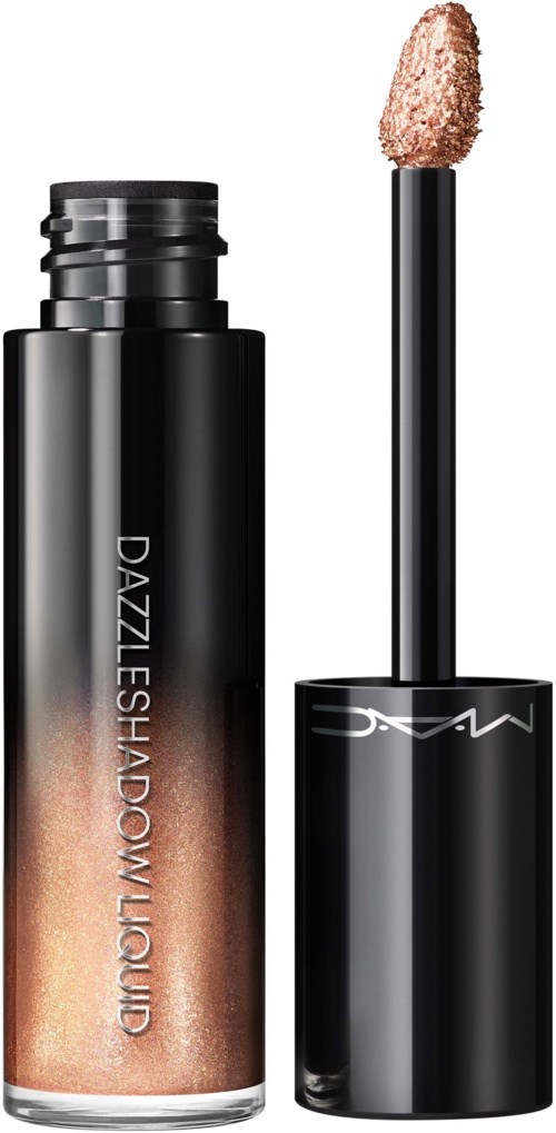 Lip gloss tube with a black lid and metallic rose color inside. The lid is off, showing the sponge applicator.