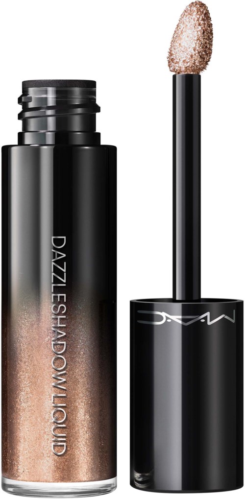 A black cosmetic bottle with a wand and a shimmery liquid inside.