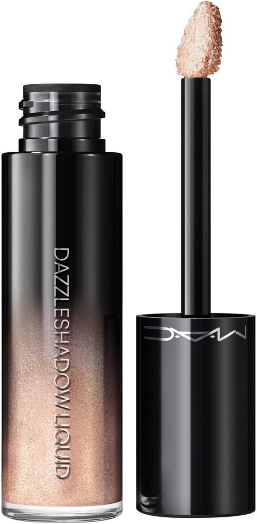 A lip gloss bottle with a black cap and a doe-foot applicator, labeled 'Dazzleshadow Liquid' by MAC.