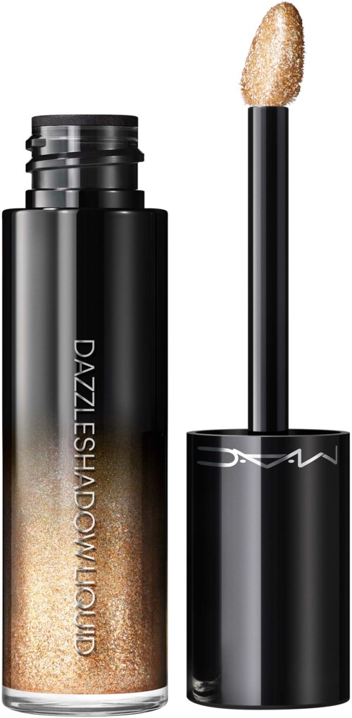 A gold glitter liquid eyeshadow bottle with a wand applicator.