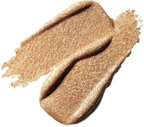 A beige, shimmery makeup highlighter swatch with a curved edge and a textured surface.