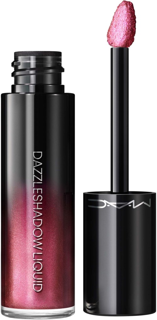 A black and pink lip gloss tube with a pink applicator wand, labeled 'Dazzle Shadow Liquid' on the bottle.
