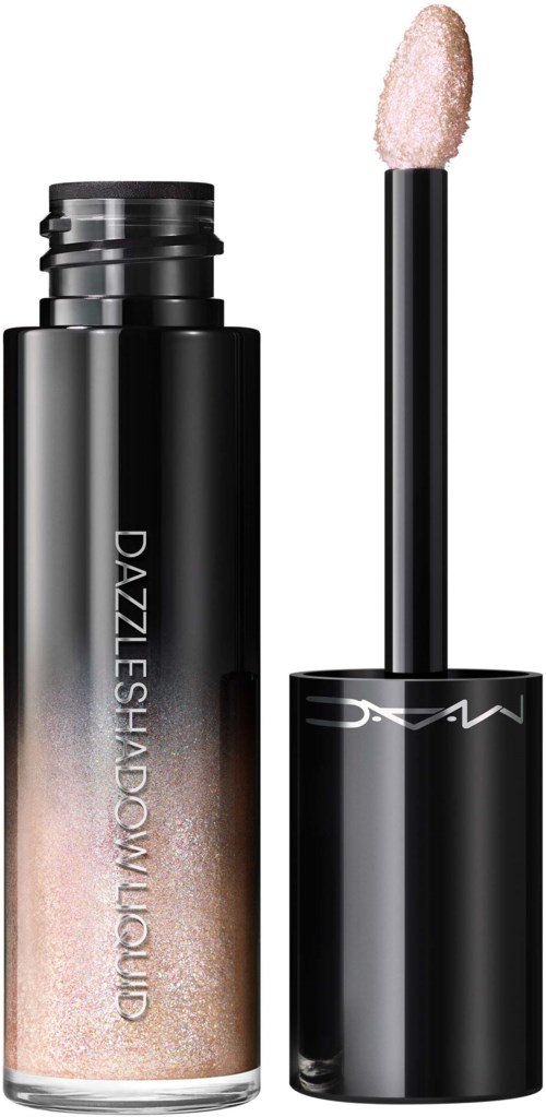 A lip gloss tube with a wand, labeled Dazzleshadow Liquid, black cap, shiny bottle, and light pink gloss.